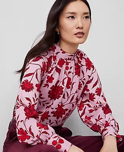Ann Taylor Petite Floral Mock Neck Shirred Front Popover Top In Clean Lilac