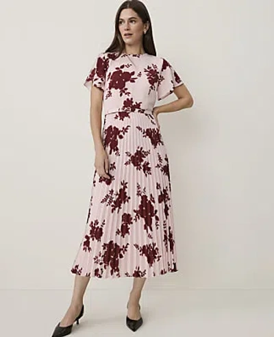 Ann Taylor Petite Floral Pleated Flare Midi Dress In Rich Merlot