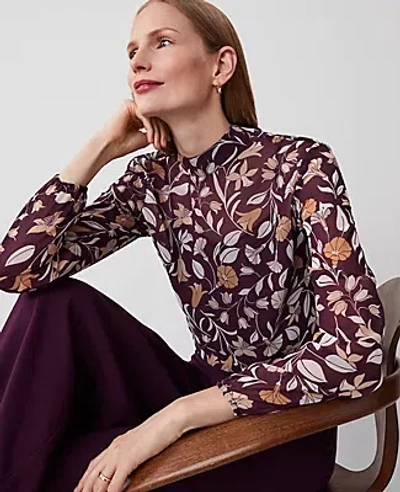Ann Taylor Petite Floral Popover Top Bow Blouse In Purple Moon