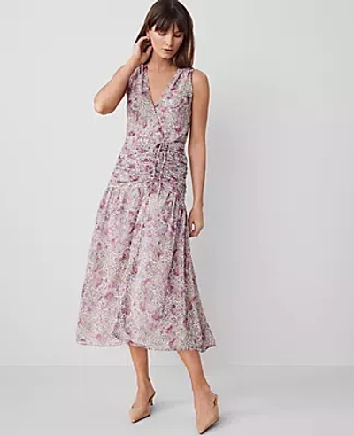 Ann Taylor Petite Floral Ruched Flare Dress In Orchid Glow