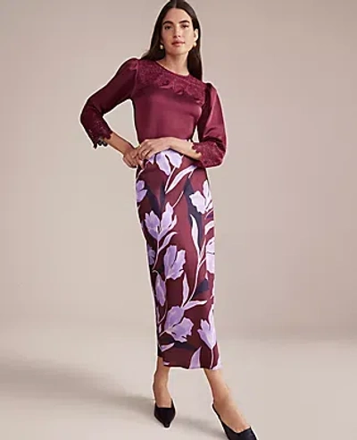 Ann Taylor Petite Floral Satin Bias Slip Skirt In Burgundy