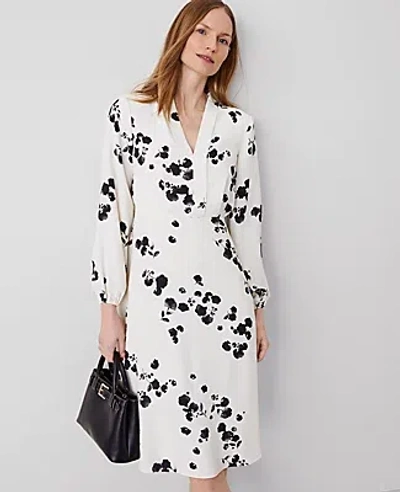 Ann Taylor Petite Floral Shawl Collar Flare Dress In Winter White- Black