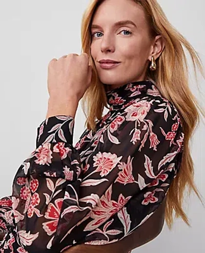 Ann Taylor Petite Floral Shirred Banded Hem Popover Top In Black