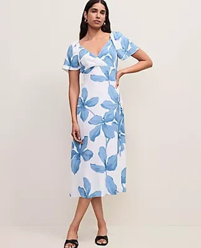 Ann Taylor Petite Floral Shirred Flare Midi Dress In Blue