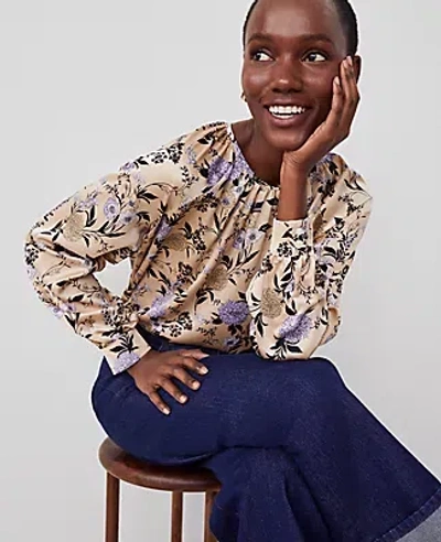 Ann Taylor Petite Floral Shirred Raglan Top In Toasted Oat
