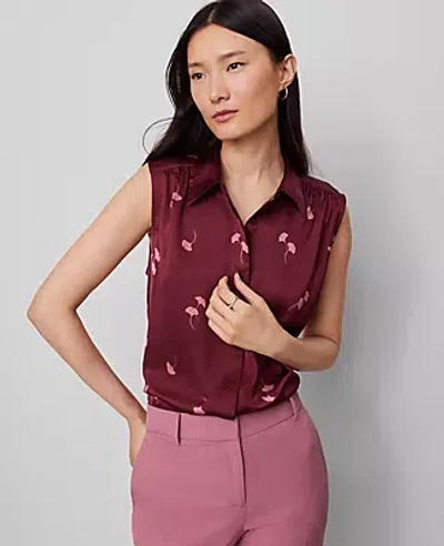 Ann Taylor Petite Floral Shirred Yoke Sleeveless Shirt In Burgundy