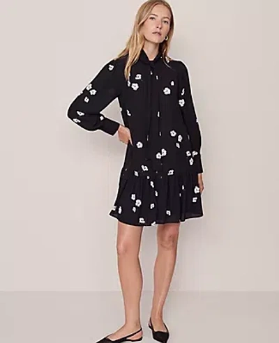 Ann Taylor Petite Floral Tie Neck Trapeze Dress In Black