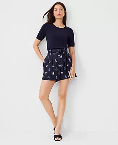 Ann Taylor Petite Floral Tie Waist Pleated Shorts In Night Sky