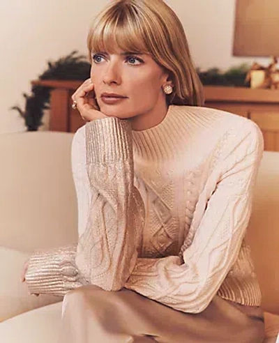 Ann Taylor Petite Foil Cable Mock Neck Sweater In Ivory Whisper