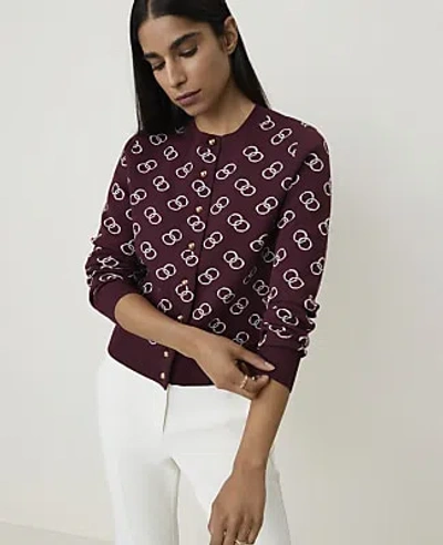 Ann Taylor Petite Geo Print Crew Neck Cardigan In Purest Plum