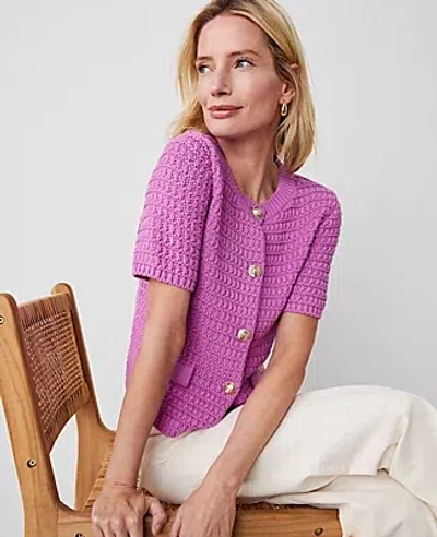 Ann Taylor Petite Geo Stitch Short-sleeve Cardigan In Orchid Glow