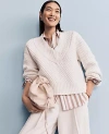 Ann Taylor Petite Geo Stitch V-neck Sweater In Winter White