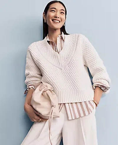 Ann Taylor Petite Geo Stitch V-neck Sweater In Winter White