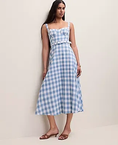 Ann Taylor Petite Gingham Belted Linen Blend Midi Dress In Blue