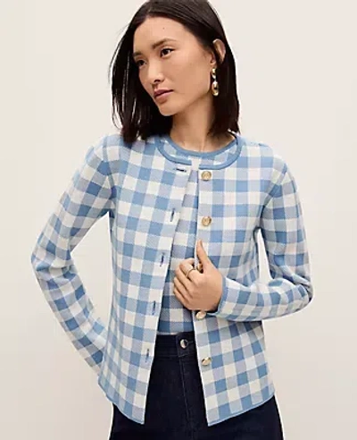 Ann Taylor Petite Gingham Jacquard Sweater Jacket In Blue
