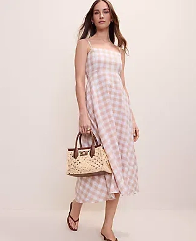 Ann Taylor Petite Gingham Linen Blend Midi Dress In Multi