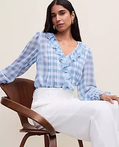 Ann Taylor Petite Gingham Ruffle Trim Blouse In Blue