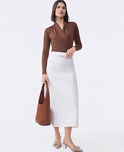 Ann Taylor Petite Horsebit Denim Midi Skirt In White