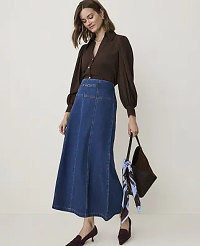 Ann Taylor Petite Horsebit Full Denim Skirt In Bright Medium Stone Wash