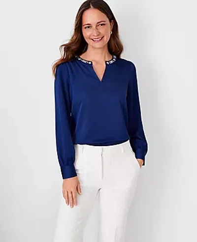 Ann Taylor Petite Jeweled Split Neck Top In Dark Deep Ocean