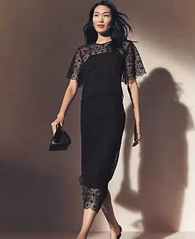 Ann Taylor Petite Lace Hem Column Midi Skirt In Black