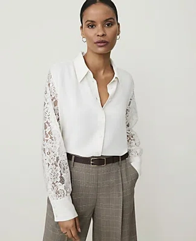 Ann Taylor Petite Lace Sleeve Shirt In Winter White