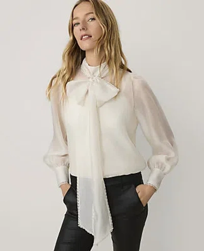 Ann Taylor Petite Lace Trim Bow Blouse In White