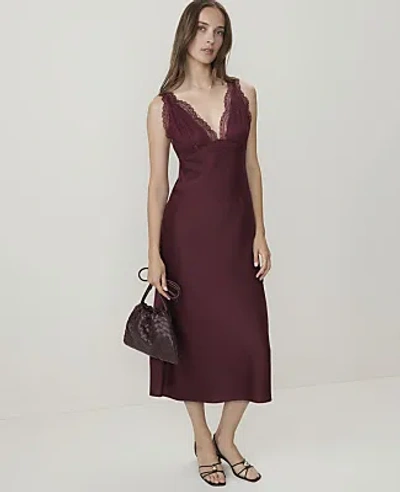 Ann Taylor Petite Lace Trim Satin Midi Slip Dress In Purest Plum