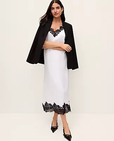 Ann Taylor Petite Lace Trim Satin Slip Midi Dress In White