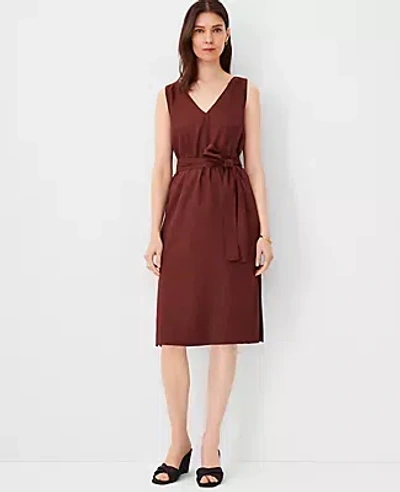 Ann Taylor Petite Linen Blend Belted V-neck Sheath Dress In Brown Stone