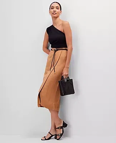 Ann Taylor Petite Linen-blend Belted Wrap Skirt In Brown