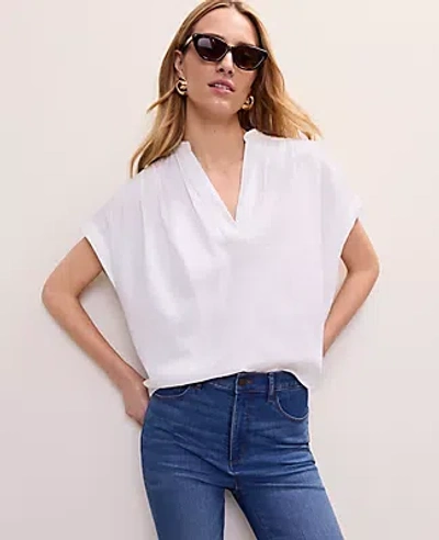 Ann Taylor Petite Linen Blend Split Neck Blouse In White