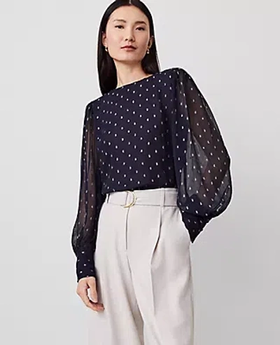 Ann Taylor Petite Metallic Clip Puff Sleeve Blouse In Night Sky