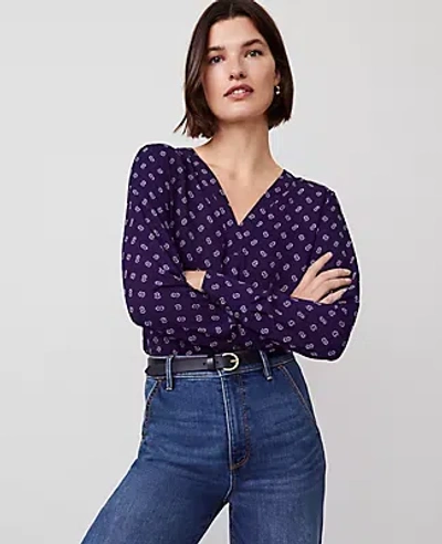 Ann Taylor Petite Mixed Media Chain Link Print Pleat Front Top In Midnight Mulberry