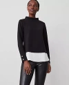 Ann Taylor Petite Mixed Media Mock Neck Top In Black