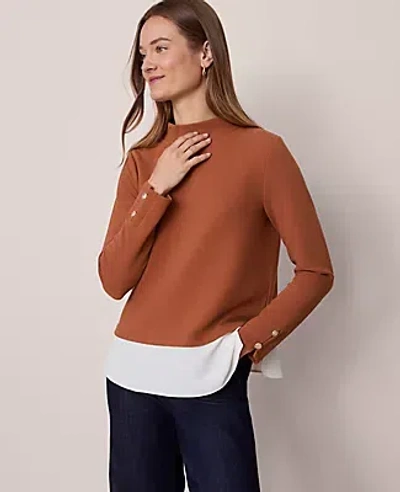 Ann Taylor Petite Mixed Media Mock Neck Top In Brown