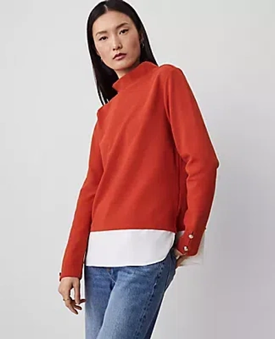 Ann Taylor Petite Mixed Media Mock Neck Top In Fresh Clay