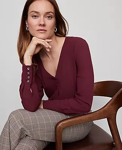 Ann Taylor Petite Mixed Media Pleat Front Top In Burgundy