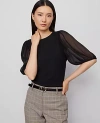 Ann Taylor Petite Mixed Media Pleated Sleeve Top In Black