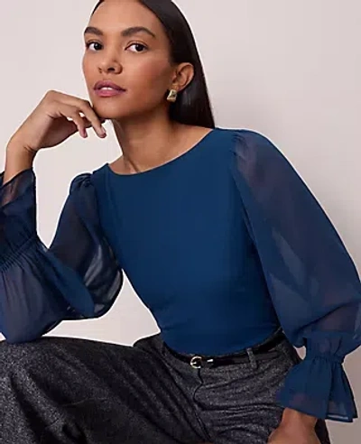 Ann Taylor Petite Mixed Media Pleated Sleeve Top In Blue