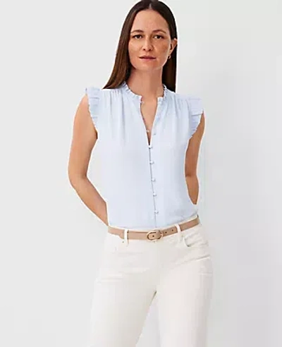 Ann Taylor Petite Mixed Media Ruffle Shell Top In Blue Wisp