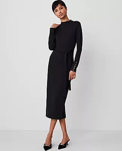 Ann Taylor Petite Mock Neck Belted Column Knit Midi Dress In Black