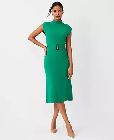 Ann Taylor Petite Mock Neck Belted Sweater Dress In Grass Green