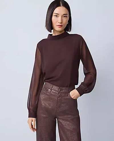 Ann Taylor Petite Mock Neck Blouse In Brown