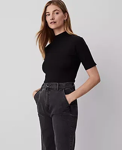 Ann Taylor Petite Mock Neck Elbow Sleeve Top In Black