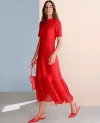 Ann Taylor Petite Mock Neck Mixed Media Midi Dress In Bright Cherry