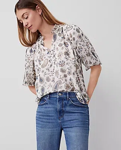 Ann Taylor Petite Paisley Clip Ruffle Split Neck Popover Top In Winter White-baguette