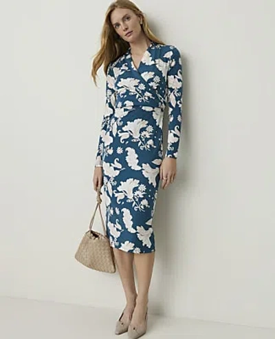 Ann Taylor Petite Paisley Draped Midi Sheath Dress In Harbor Side Blue
