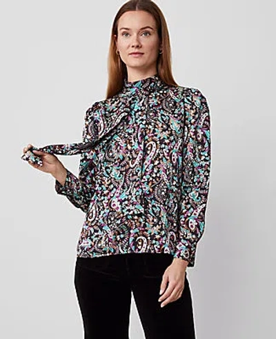 Ann Taylor Petite Paisley Mock Tie Neck Puff Sleeve Top In Black