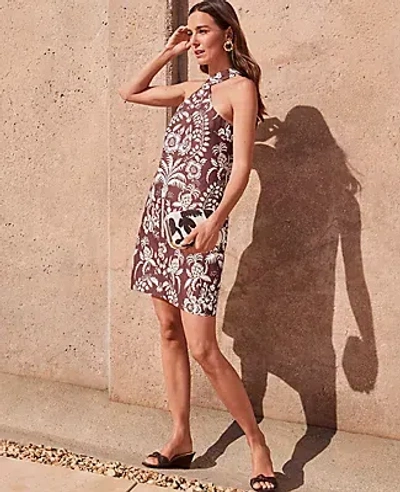 Ann Taylor Petite Palm Cotton Linen Halter Dress In Brown Stone